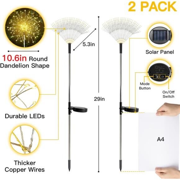 Solar Garden Lights Outdoor Waterproof Decorative, 2Pack 150LED Firework Lights - Picture 2 of 7